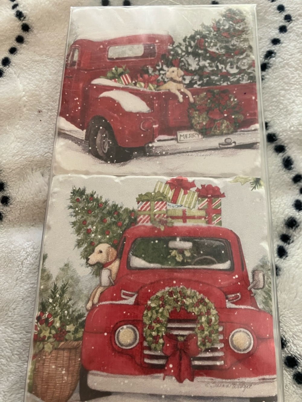 Robert Stanley 4 coasters Vintage Truck Christmas  with Holiday Puppy